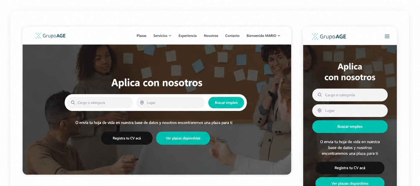 Captura del sitio web de plazas de Grupo AGE desarrollado por MCodeGT